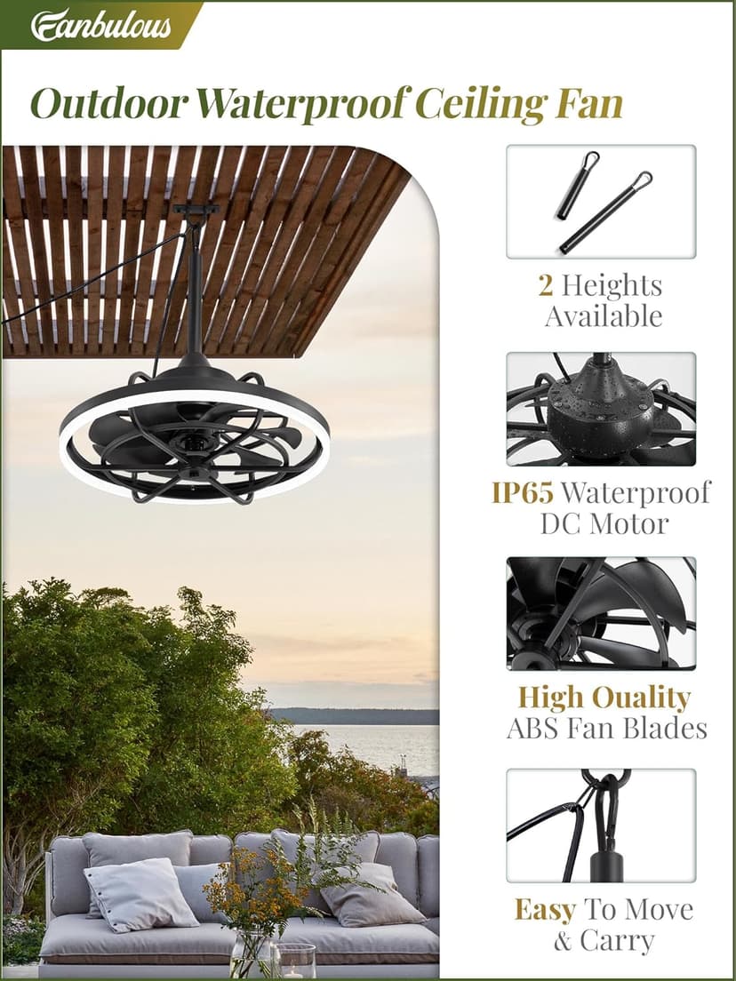 Outdoor Ceiling Fans with Light for Patios, 20" Weatherproof Plug in Ceiling Fan, Gazebo Fan Remote&APP Control, 3CCT Dimmable,Caged Ceiling Fan with Hanging Hook for Porch, Pergola,Canopy