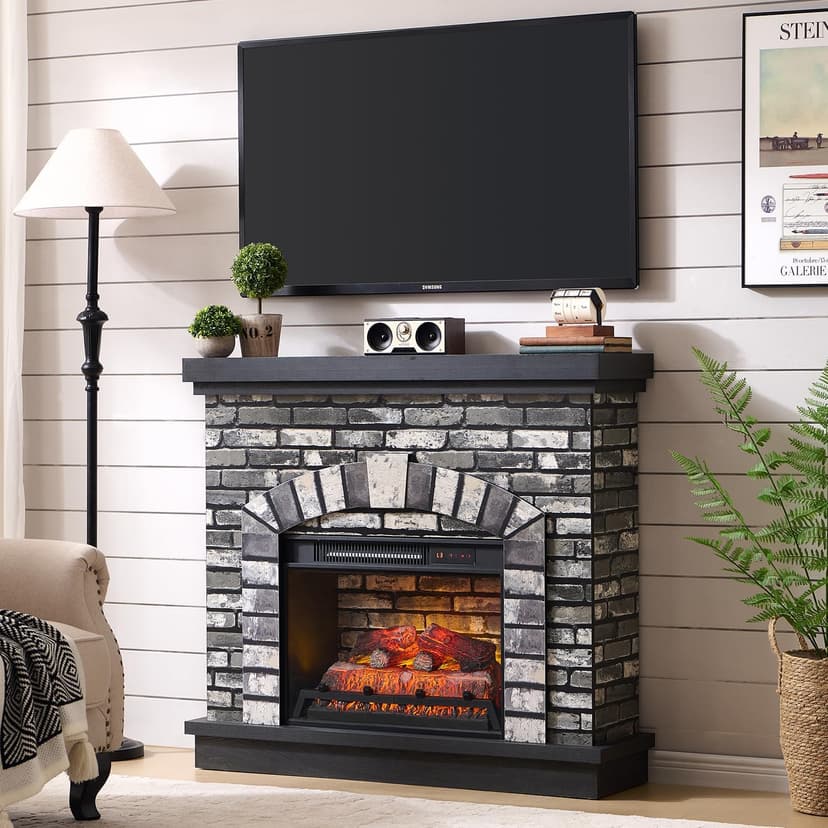 42" Electric Fireplace with Mantel, Farmhouse Fireplace TV Stand w/23'' Freestanding Electric Fireplace Heater, Remote Control, Adjustable 3D Realistic Flame Level for Living Room, Light Grey