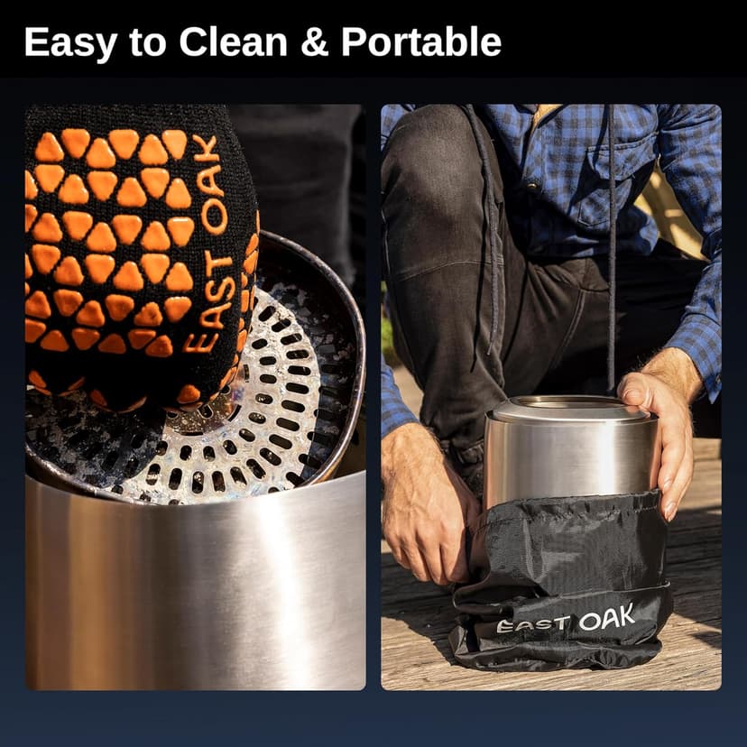 EAST OAK Brasa Smokeless Tabletop Fire Pit, 304 Stainless Steel Mini Tabletop Firepit for Patio and Outdoor Camping, Removable Ashtray, Dual-Fuel Stove, Silicone Pad & Travel Bag, H: 10.1" x D: 7"
