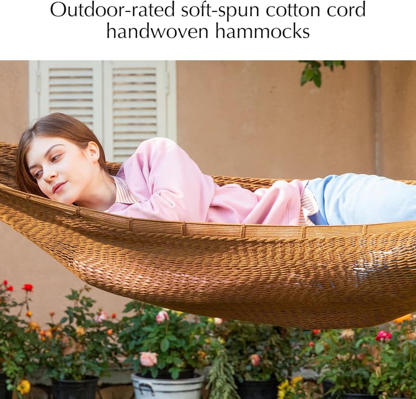 PNAEUT Mayan Hammock, Handwoven XL Thick Soft Rope Hammocks for Outdoor Indoor, Max 600 lbs Capacity, Tree Straps & Carabiners Included (Desert)