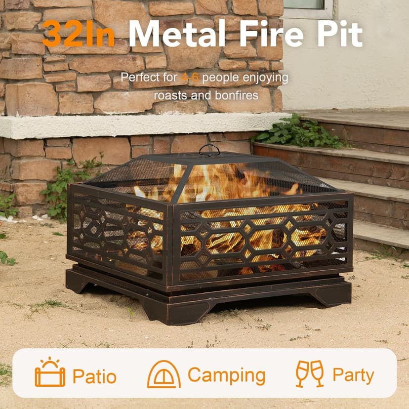 Outdoor Fire Pit, 32 Inch Wood Burning Firepit for Outside with Mesh Cover & Fire Poker, Large Extra Deep Square Metal Fireplace for Patio, Backyard, Camping, Bonfire Party