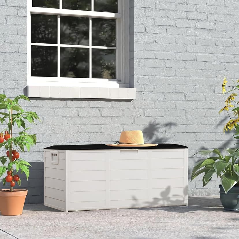 VINGLI Upgraded 75 Gallon Outdoor Storage Box, Lockable Plastic Storage Containers with Lid, Patio Deck Box Furniture for Garden, Pool, Balcony, Yard (White)