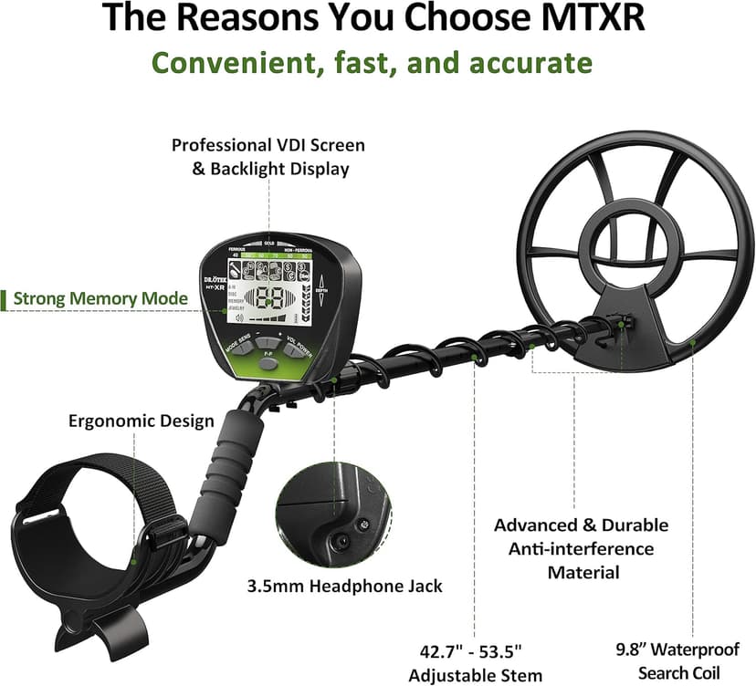 DR.ÖTEK Metal Detector for Adults Professional, Gold Metal Detector, Pinpoint & Exclusive Memory Mode, Higher Accuracy, IP68 Waterproof Coil, Bigger Backlit LCD Display, New Advanced DSP Chip, Green