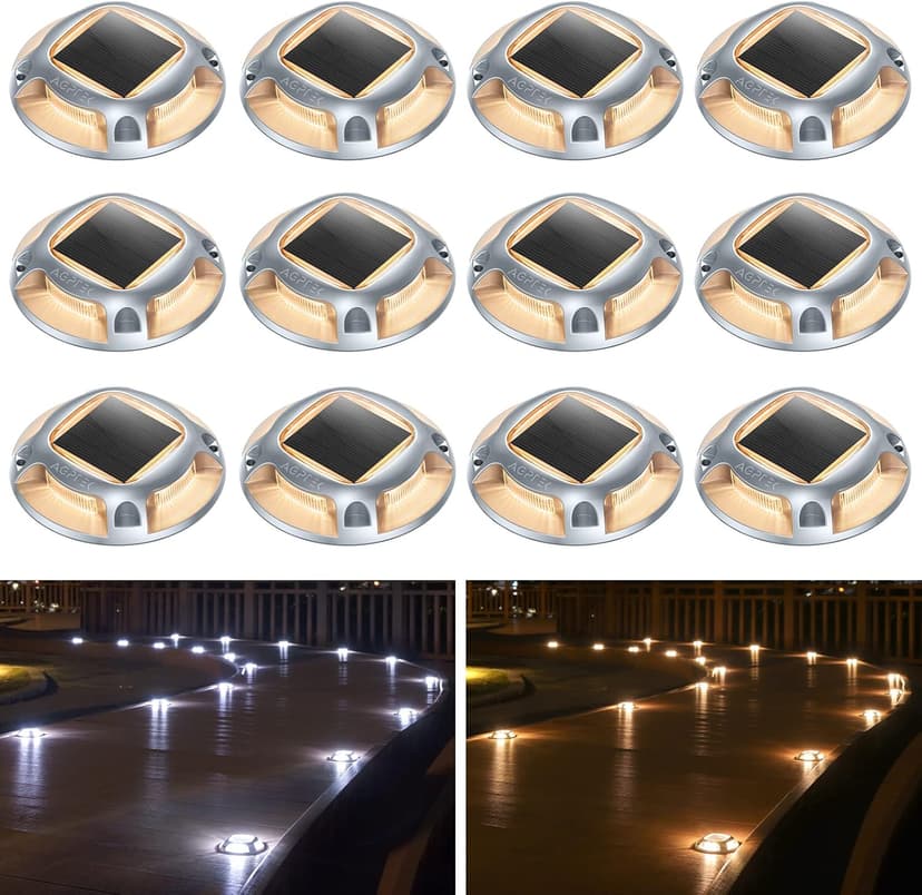 AGPTEK Solar Driveway Lights Outdoor 12 Pack, 2 Color Modes LED Deck Dock Marine Waterproof Driveway Marker Lights for Step Sidewalk Stair Garden Pathway Walkway Yard (Warm White/Cool White)