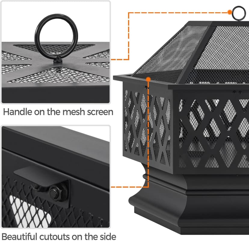 Yaheetech 28in Hex Shaped Fire Bowl - Large Wood Burning Outdoor Fire Pit with Spark Screen & Poker for Bonfire, Picnic, BBQ