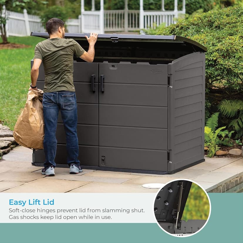 Suncast Stow-Away Horizontal Storage Shed for Yard Storage, All-Weather Outdoor Storage Shed with 2 Lockable Doors, 70.5" W x 44.25" D x 52" H, Peppercorn, Made in The USA
