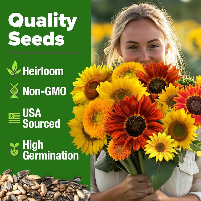 HOME GROWN Sunflower Seeds Mix Pack 1,500+ Colorful Varieties of Sunflower Seeds to Plant - 2-10ft Tall Plants, Pollinator Friendly 𝗡𝗢𝗡-𝗚𝗠𝗢 𝗨𝗦𝗔 – Easy to Grow, High Germination