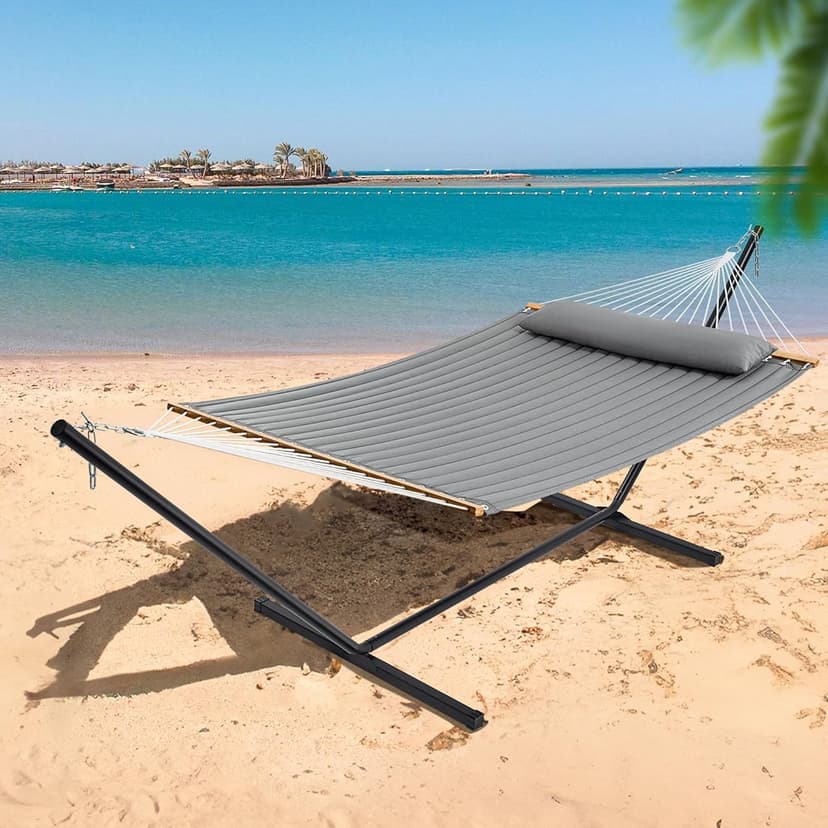 SUPERJARE Hammock with Stand, 2 Person Quilted Outdoor Hammock, Detachable Pillow & Bamboo Spreaders, Portable Hammock with Carrying Bag, Heavy Duty Stand, Perfect for Outside, Patio, Gray