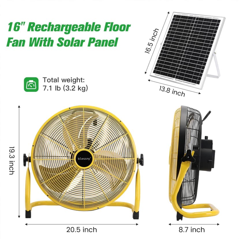 16" Large Solar Rechargeable Floor Fan, 15600 mAh 20W Solar Powered Portable Battery Fan for Home Outdoor Camping Gazebo Chicken Coop Greenhouse Barn, with 360° Adjust Tilt