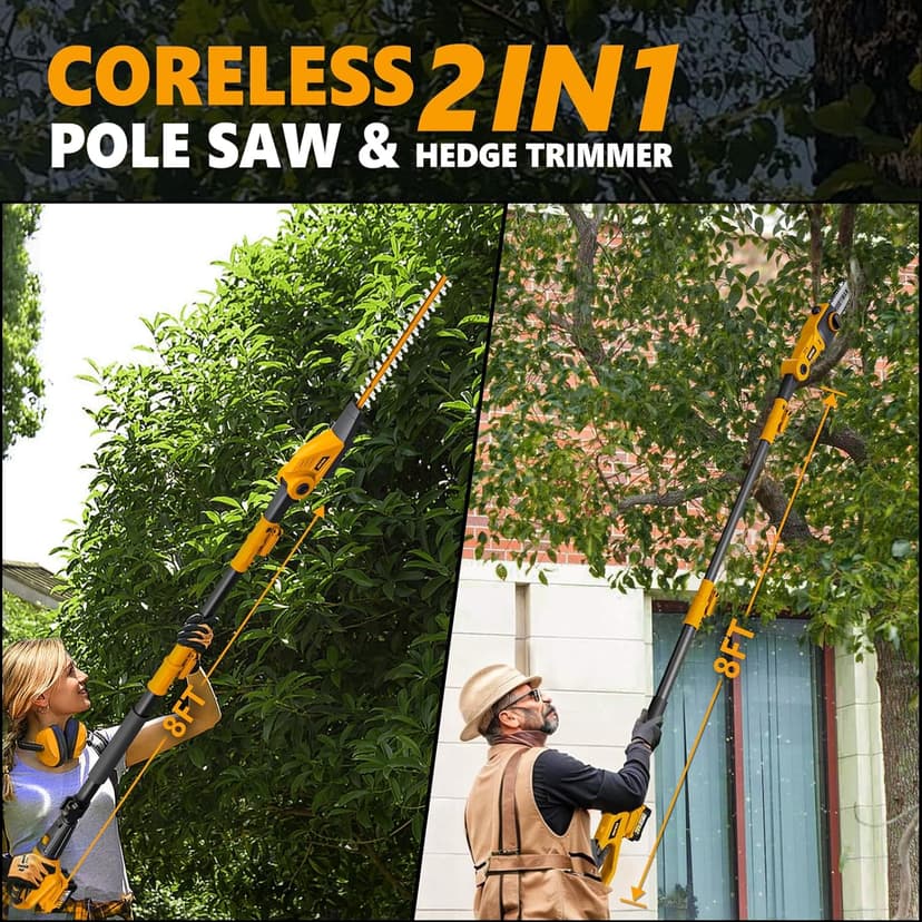 Alloyman Pole Saw 8-Inch Cordless and 16-Inch Pole Hedge Trimmer 2-in-1,with 2 Packs 4.0Ah Batteries & Charger,for Tree Trimming and Shrubs Pruning