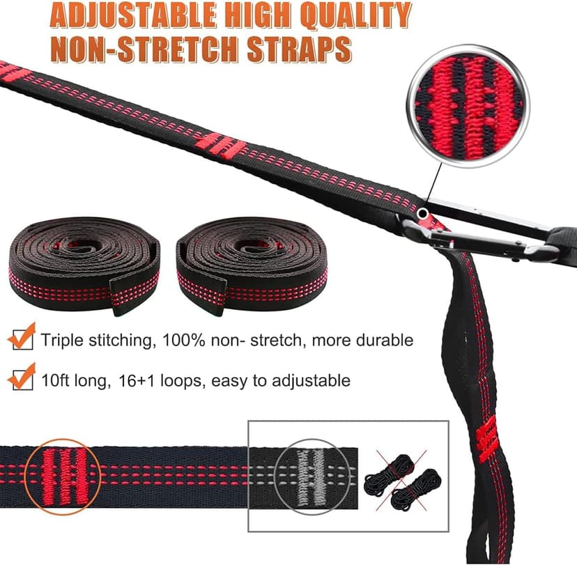 Hammock Tree Straps, Portable 10 FT Long 16+1Loops Adjustable Suspension Straps, 100% No Stretch&Lightweight, 1400 LBS Combined Hammock Accessories, Fits All Hammocks