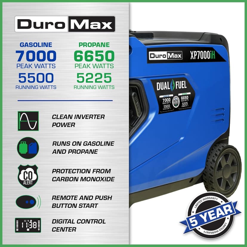 DuroMax XP7000iH 7,000-Watt Dual Fuel Portable Digital Inverter Generator - Gas & Propane, Remote Electric Start, RV & Emergency Ready
