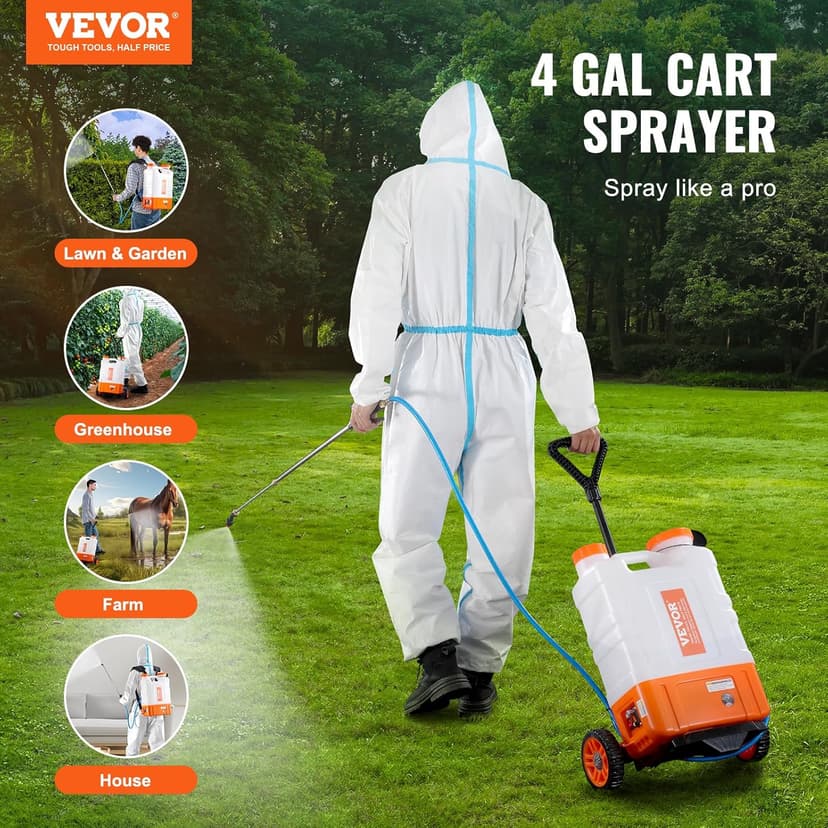 VEVOR 4 Gallon Battery Powered Backpack Sprayer with Wheeled Cart, Adjustable 0-94 PSI, 13FT Hose, 6 Nozzles, 2 Wands Included, Wide Mouth Lid for Weeding, Cleaning, Long Spray Time, White+Orange