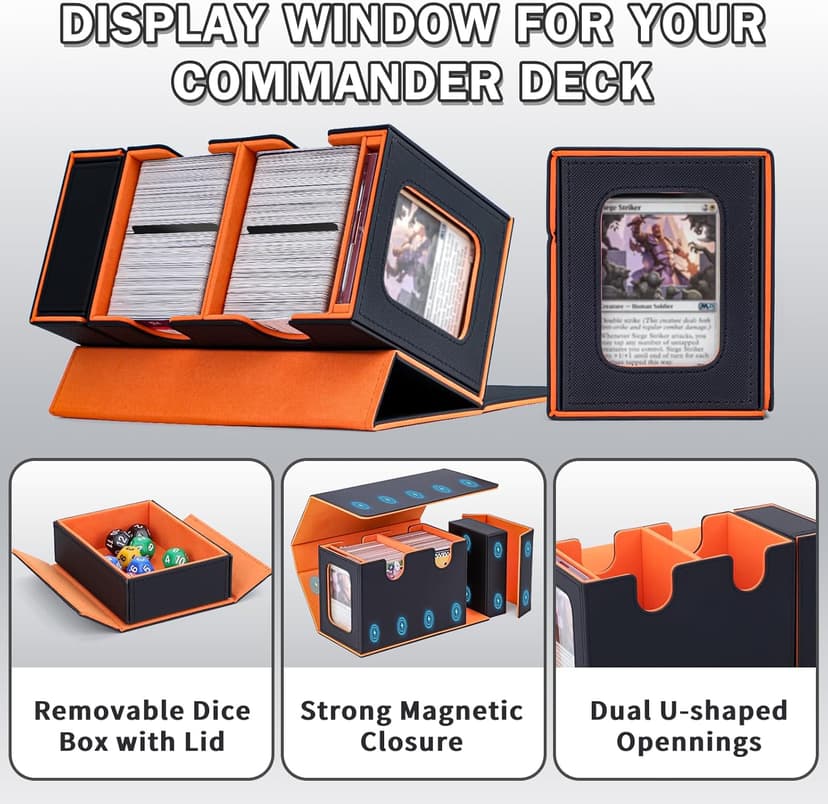 Commander Deck Box for MTG, Card Deck Box with Dice Tray and Display Window, Fits 200+ Double-Sleeved Cards, Magnetic Leather Trading Card Storage Case for Magic Game Cards (Black & Orange)