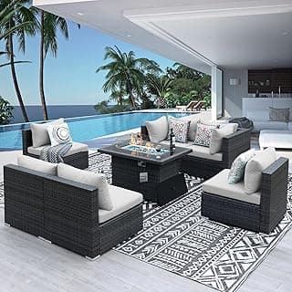 NICESOUL High-End Outdoor Patio Furniture Set with Natural Gas/Propane Firepits, 7 Piece Large Wicker Sectional Couches with Fire Table, 29.3'' High Back Deep Seating Comfy Conversation Sofas, Gray
