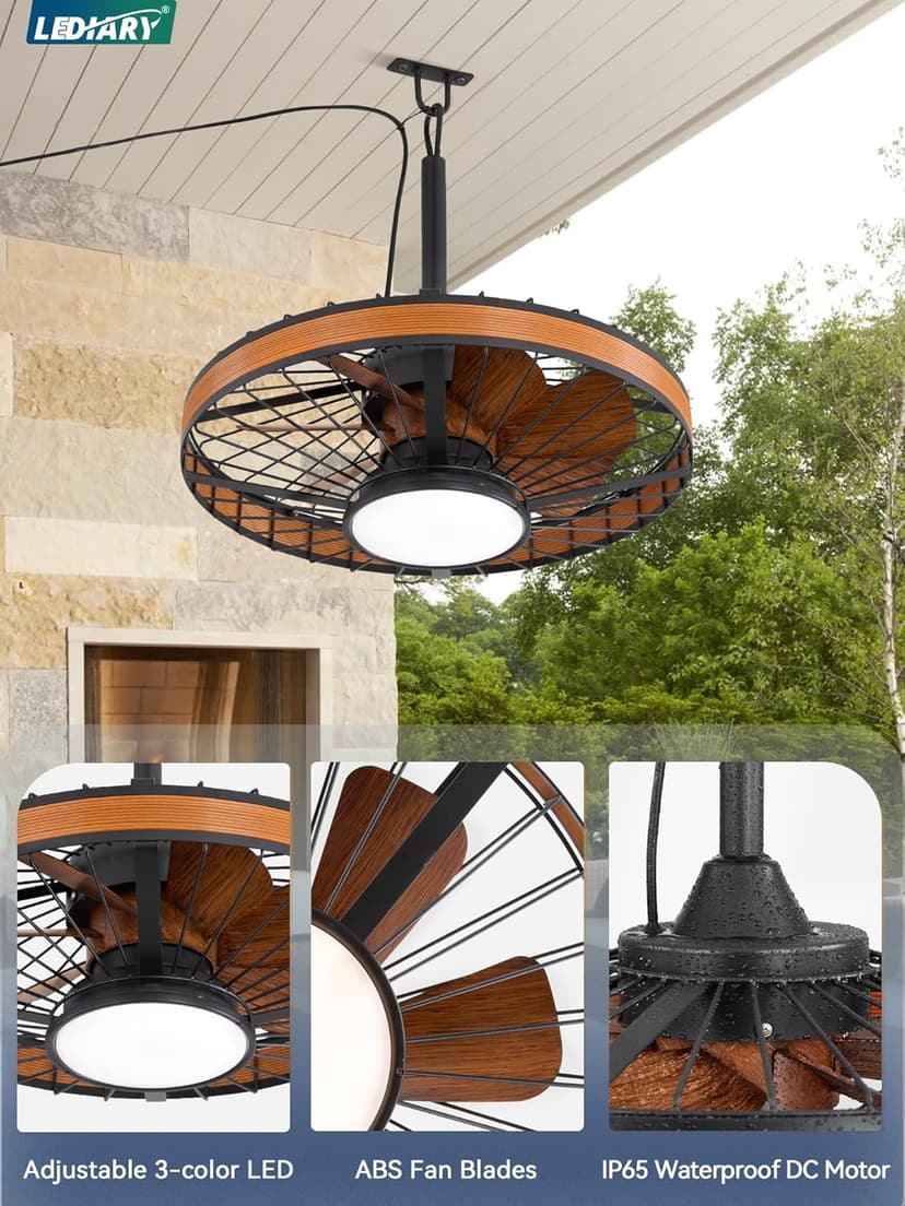 LEDIARY Outdoor Ceiling Fans with Lights, IP65 Waterproof Gazebo Fan with Hanging Hook,6 Speeds, 3CCT, 20 Inch Wet Rated Plug in Ceiling Fan for Patios,Porch, Pergola,Canopy