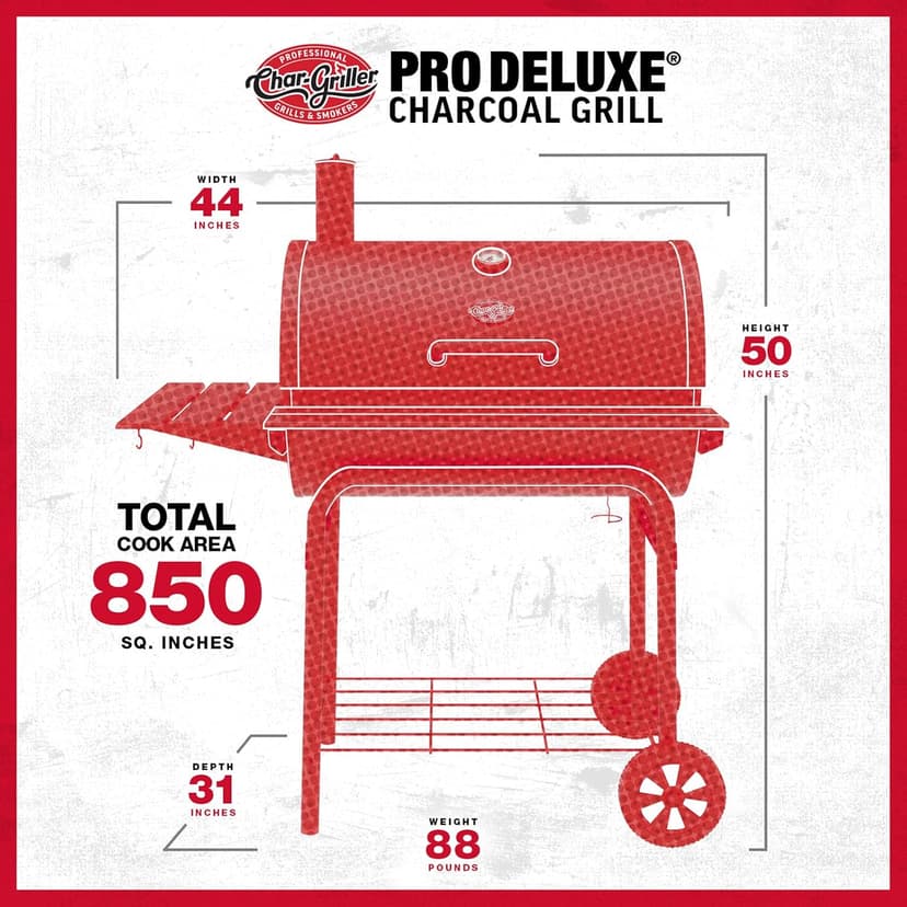 Char-Griller Pro Deluxe Charcoal Barrel Grill, EasyDump™ Ash Pan, Premium Front and Side Shelves with Utensil Hooks, 850 Square Inches of Cooking Space in Black, Model E2827