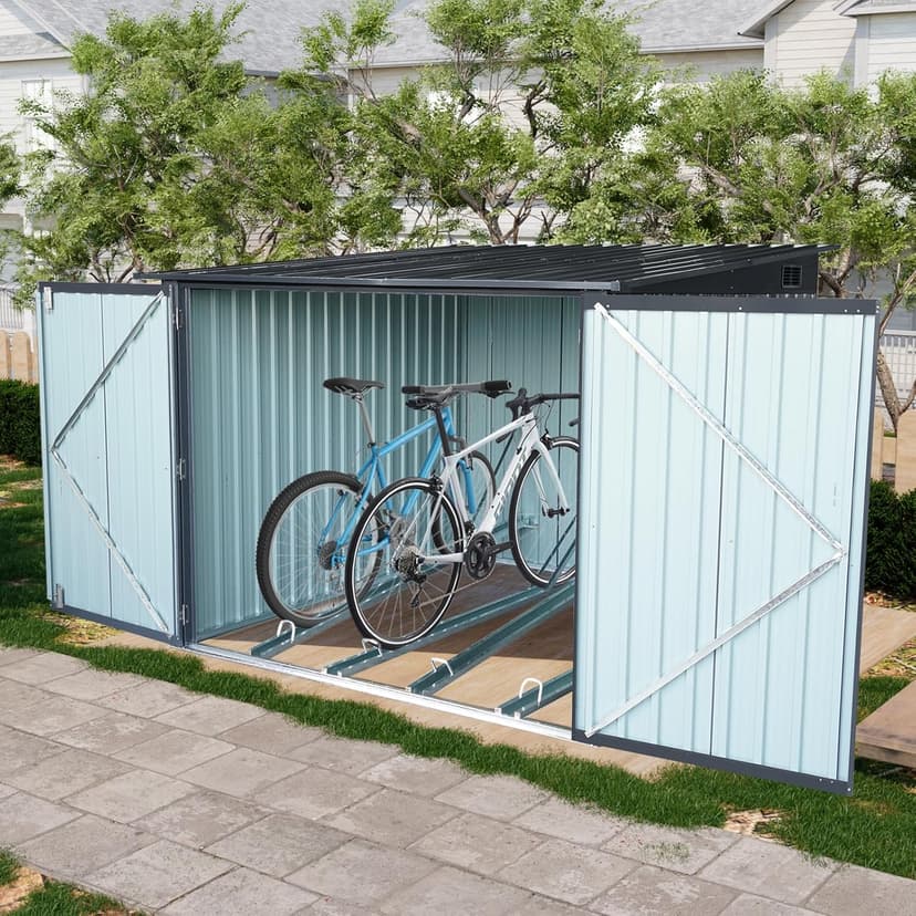 Ball & Cast 6x6 FT Outdoor Bicycle Storage Shed Galvanized Metal Garden Tool House with 4 Bike Tracks & Lock Doors,Waterproof Cabinet W/Slanted Roof Design and Air Vent,Black