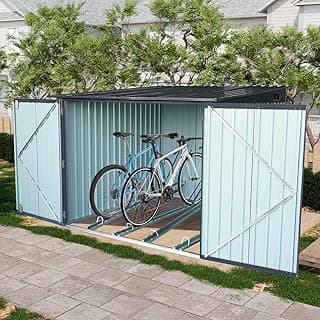 Ball & Cast 6x6 FT Outdoor Bicycle Storage Shed Galvanized Metal Garden Tool House with 4 Bike Tracks & Lock Doors,Waterproof Cabinet W/Slanted Roof Design and Air Vent,Black