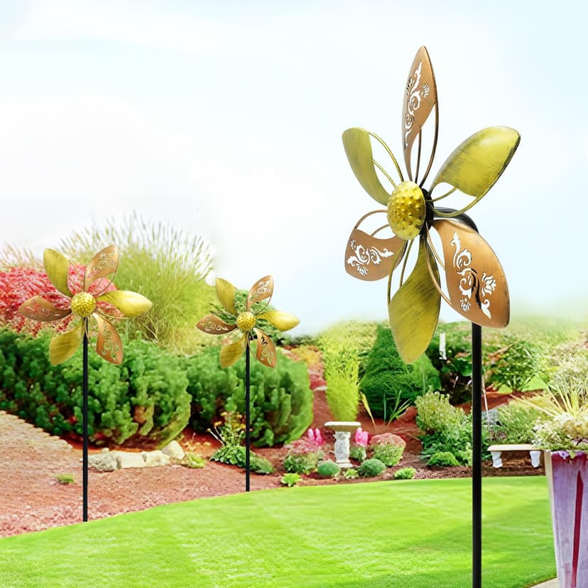Wind Spinners Outdoor Metal, 10.63" W*37" H Pinwheels for Yard and Garden Decor, Kinetic Wind Sculpture Spinner (Gold Ornate Laser-Cut Floral)