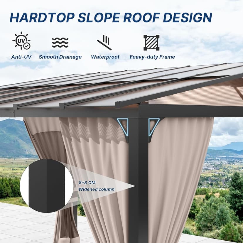 Gotland 10FTx12FT Outdoor Wall-Mounted Hardtop Pergola, Metal Frame Gazebo with Sloping Sun Panel Roof and Double Curtains for Patio, Garden, Lawn, Khaki