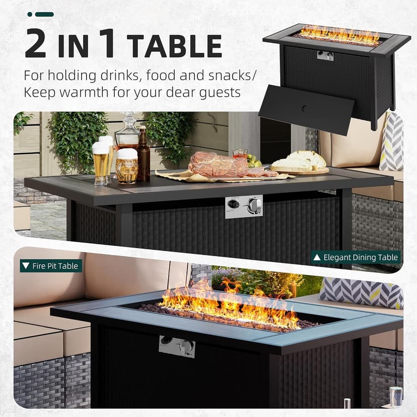 SUNLEI 45" Gas Fire Pit Table, 2 in 1 Fire Pits & Outdoor Fireplaces with Removable Lid & Waterproof Cover, 50000 BTU Patio Outdoor Propane Fire Pits with Lava Rock and Alumium Frame Tables