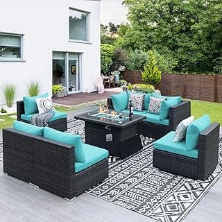 NICESOUL 7 Piece Large Modern Patio Furniture Set with Propane/Gas Firepit Table, 29.3'' High Back Comfy Wicker Sectional Sofa Couches with Fire Pit, Outdoor Deep Conversation, Fade-Proof, Turquoise