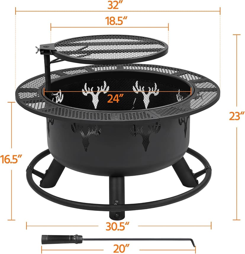 Yaheetech 32in Fire Pit Outdoor Wood Burning Firepits Outdoor Fireplace with 18.5 Inch Swivel Cooking Grill Grate & Poker Fire Bowl for Camping, Backyard, BBQ, Garden, Bonfire