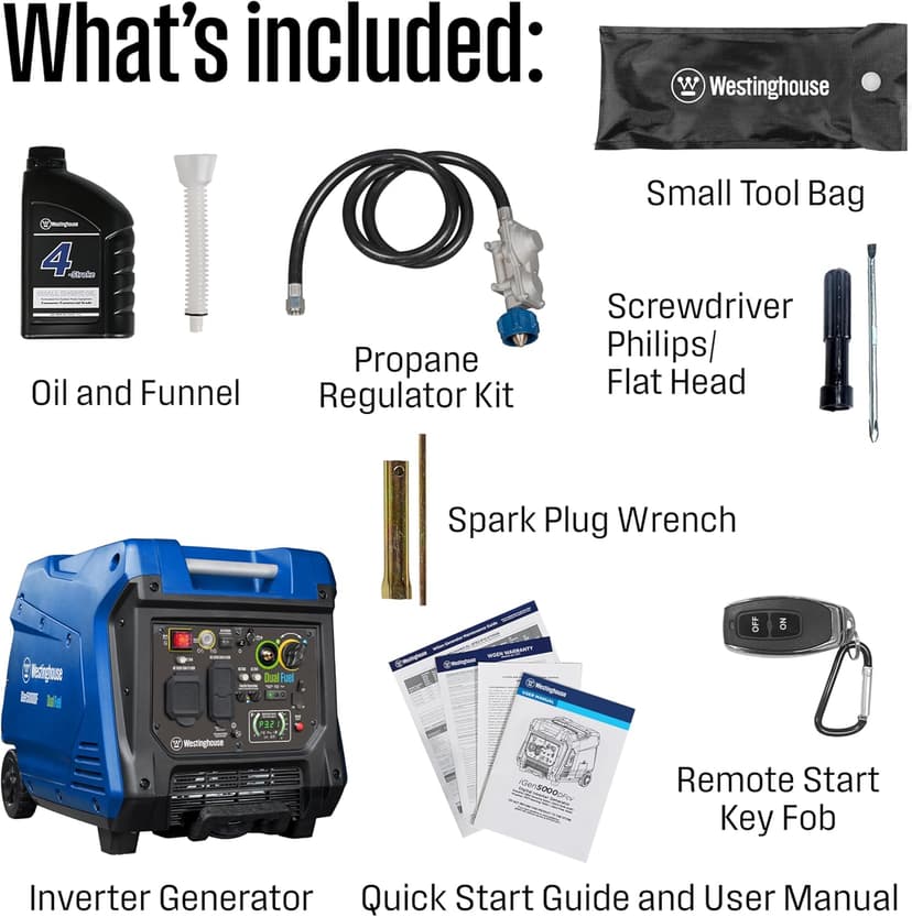Westinghouse 5000 Peak Watt Super Quiet Dual Fuel Portable Inverter Generator, Remote Electric Start, Gas & Propane Powered, RV Ready 30A Outlet, Parallel Capable, Blue/Black