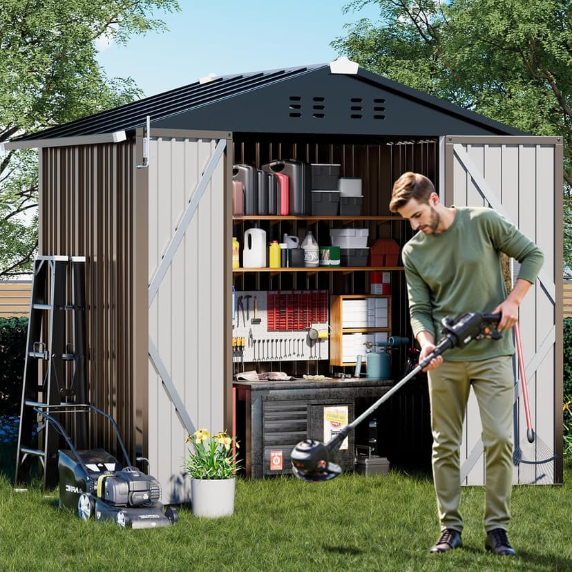 COMHOMA Shed Outdoor Storage Shed Metal,Lockable Doors Tool Sheds with Sloping Roof,Steel Garden Shed with Air Vent for Backyard,Patio,Lawn,Poolside (Brown, 6x4)