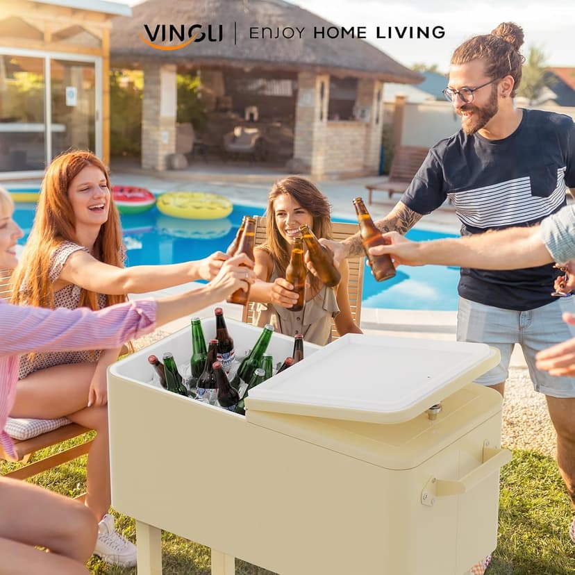 VINGLI 80 Quart Rolling Ice Chest, Portable Patio Party Bar Drink Cooler Cart, with Shelf, Beverage Pool with Bottle Opener