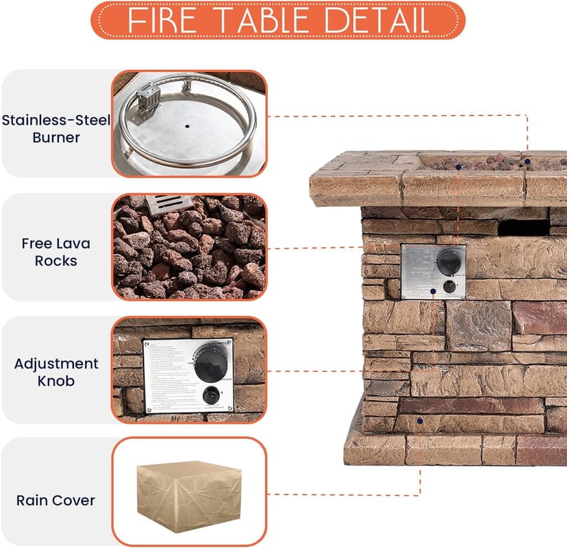 HOMPUS Outdoor Propane Fire Pit Table 32-inch Imitation Stone Square Concrete Propane Fire Pit with Lava Rocks and Rain Cover 50,000 BTU Gas Smokeless Fire Pits for Outside Patio,Garden, CSA Certified