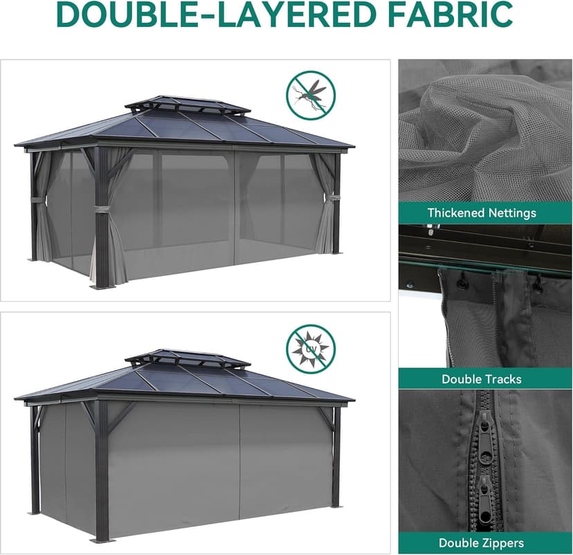 YITAHOME 12x16FT Gazebo Polycarbonate Top Double Roof Canopy Outdoor with Netting and Shaded Curtains, Aluminum Frame Hardtop Garden Tent for Patio, Backyard, Deck and Lawns, Grey