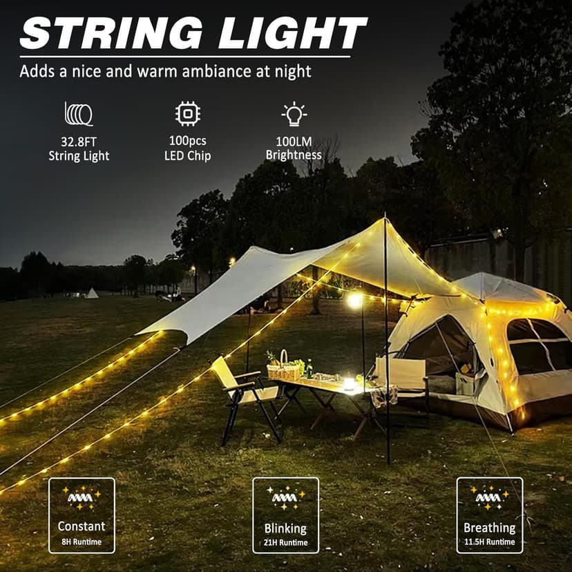 DIBMS 1-Pack Camping String Light w/Lamp, 32.8FT Rechargeable Waterproof LED Hanging Light for Outdoor Camping Awning Tent Garden Party Festival Decor