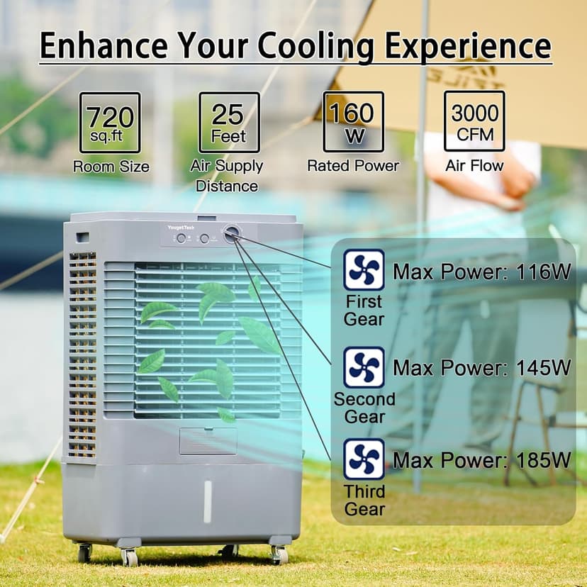 37" Evaporative Air Cooler 3000 CFM, 8 Gal Water Tank, 3 Speeds, Oscillating Cools up to 720 Sq. ft, Portable Industrial Swamp Water Cooler for Outdoor Commercial Factory - Gray