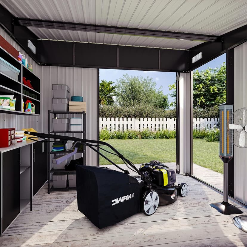 194 cu.ft Shed 7.3x5.3 Ft Premium Galvanized Steel Storage Sheds with Triple Doors Weatherproof Outdoor Utility Sheds, Dual Lock Lean to Shed for Mower, Bike, Generator, Garden Tools (Black)