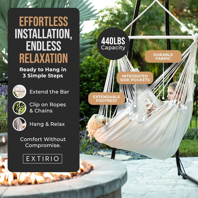 Indoor Hammock Chair Swing - Hanging Hammock Swing Chair - Indoor/Outdoor - Hanging Chairs for Bedroom, Patio, Porch, Swinging Chair Hammock for Adults - Built-In Footrest - Spacious Full Body Support