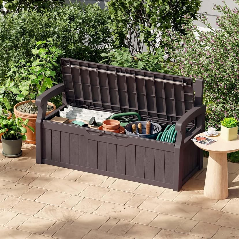 Patiowell 70 Gallon Plastic Storage Bench, Water-Resistant Deck Box for Patio Furniture, Garden Tools, Pool Storage and Outdoor Cushions, Brown