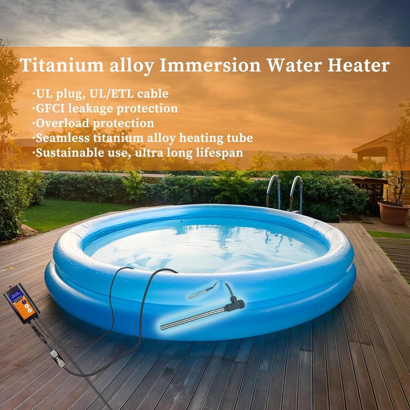 1500W Titanium Fully Submersible, Portable Electric Hot Tub immersion Water Heater with Thermostat, GFCI Leakage protection for pool, Bathtubs, Buckets, baptistry, Saltwater Most of Liquid