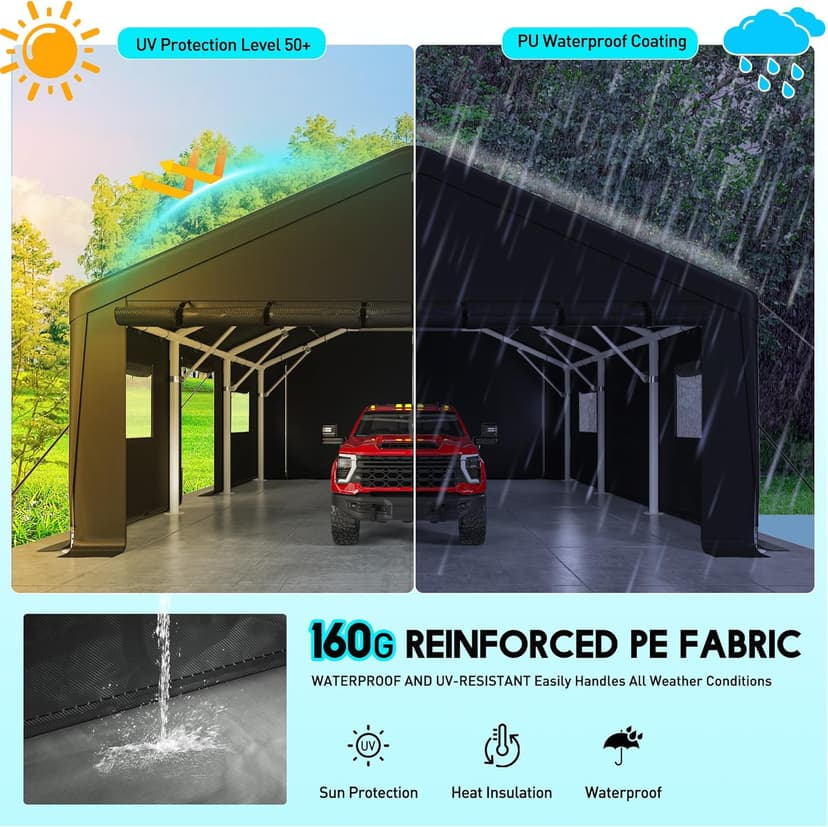 Bepatio Carport, 2 Car 20 x 20 Heavy Duty Metal Carport, Extra Large Car Port with Side-Opening Doors & Roll-Up Windows, All Weather Outdoor Portable Garage