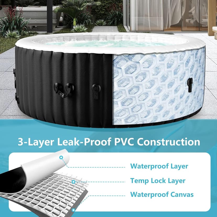 2-4 Person Inflatable Hot Tub, Round Portable Blow up Hot Tub, Leak-Proof PVC Outdoor Spa with 120 Air Jets, Insulated Cover & Heater Pump, 71” X 71” X 25”