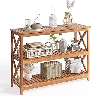 YITAHOME Outdoor Console Table All-Weather Resistant with 3-Tiers Storage Shelf, Acacia Wood Outdoor Side Table Patio Bar w/Adjustable Foot-Pads for Garden, Patio, Balcony