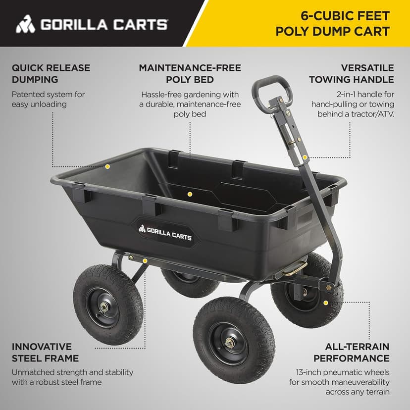 Gorilla Carts Heavy Duty Poly Utility Dump Wagon Garden Cart w/Pneumatic Tires, 6 Cu Ft - 1200 lb Capacity Outdoor Wheelbarrow for Yard, Landscaping & Gardening, Lawn Tractor or ATV Towable