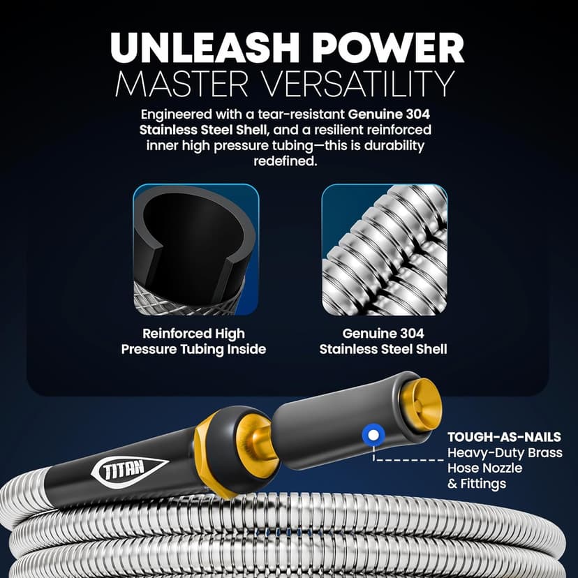 TITAN Garden Hose 25FT - 304 Stainless Steel Metal Water Hose, Flexible, Kink-Free, Lightweight, Durable, Crush Resistant Fittings, Easy to Coil, 500 PSI