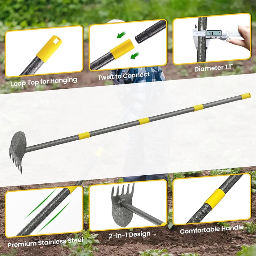 Hoe Garden Tools, Pointed Hoe for Weeding, Iron Tines for Loosening Soil, Hoe Cultivator 2 in 1 Manual Garden Tools, 17-60 Inch Long Handle Heavy Duty Garden Hoe, Black