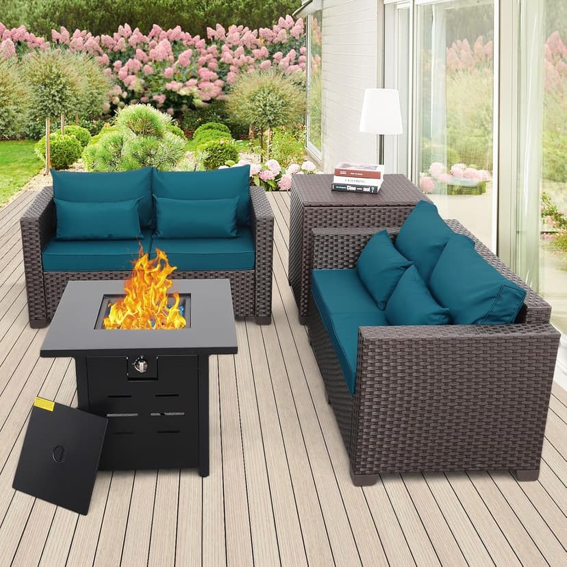 Outdoor Furniture Set 4 Piece Patio Furniture Set Patio Loveseat 50000 BTU Propane Fire Pit Storage Box with Non-Slip Cushions and Waterproof Covers, Peacock Blue