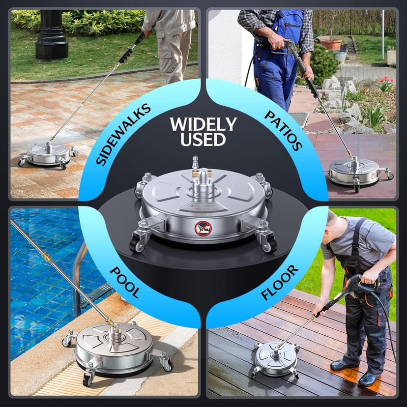 14" Pressure Washer Surface Cleaner 4500 PSI with 304 Industrial-Grade Stainless Steel Housing,1/4” Quick Plug, 4 Universal Wheels, 2 x 15 Extended Wands, 2 Replacement Nozzles, 4 Spray Nozzle Tips