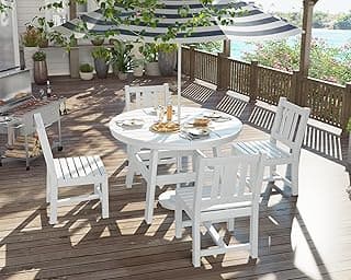 AMERLIFE 5 Piece HDPE Outdoor Dining Tables and Chairs, All-Weather Patio Outdoor Furniture with Umbrella Hole, Round Table for Garden, Backyard, Seaside, White