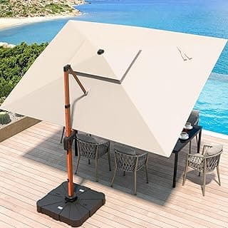 10 X 13 FT Cantilever Patio Umbrella Outdoor Large Double Top Deluxe Wood Grain Heavy Duty Rectangle Offset Umbrellas with 360° Rotation for Pool Deck Backyard Garden, Beige