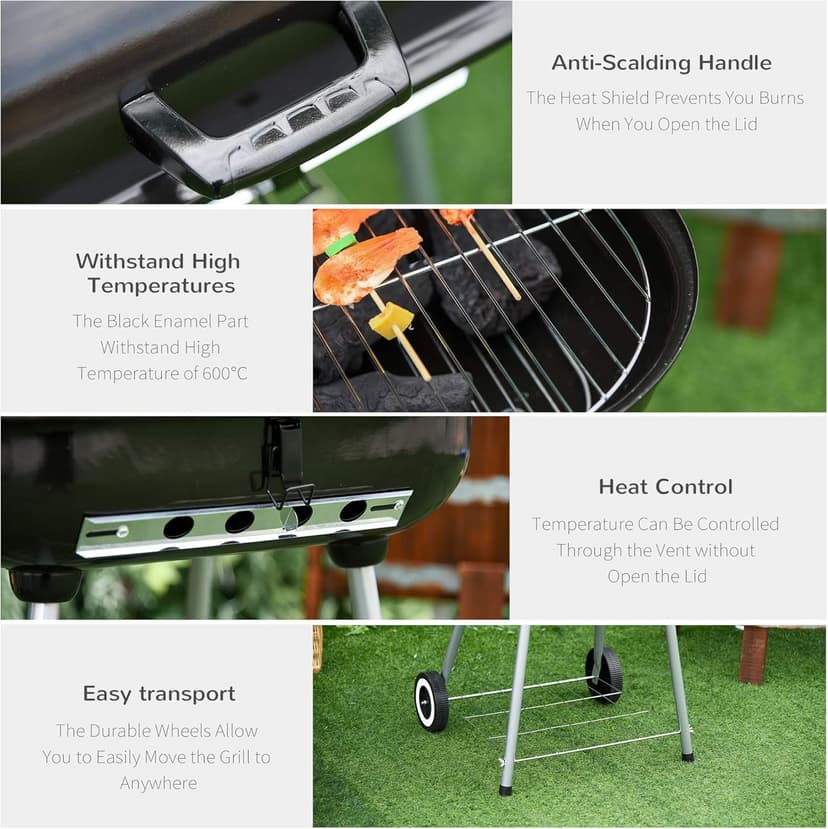 Outsunny Portable Charcoal Grill with Foldable Side Shelf and Bottom Shelf, BBQ Smoker with Wheels and Adjustable Vents on Lid for Picnic Camping Backyard Cooking, Black